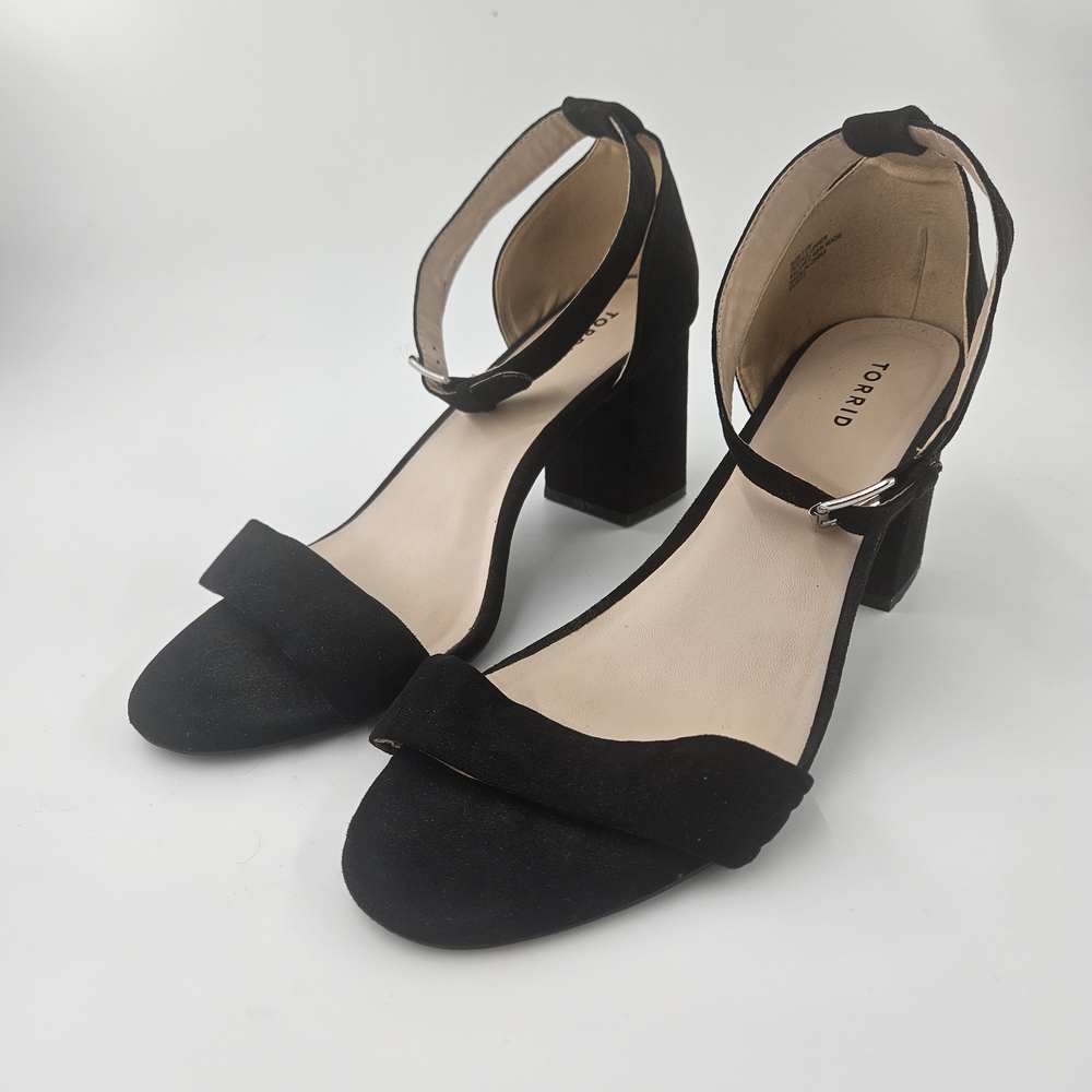 Torrid Women Black Ankle Strap High Heel Open Toe Suede Shoes. Sz 11W